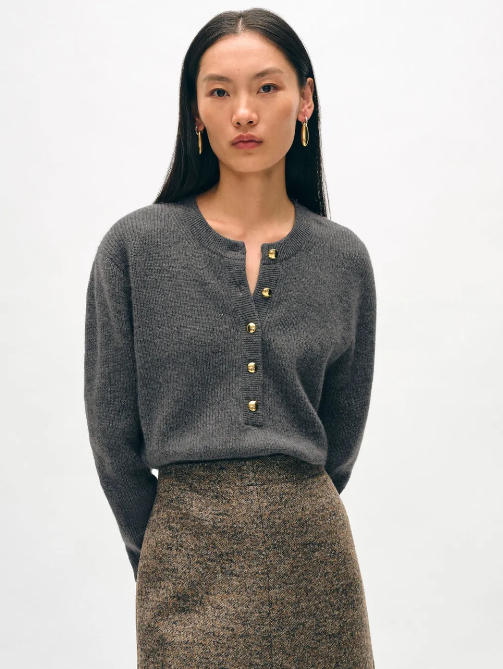 cashmere ribbed gold button henley