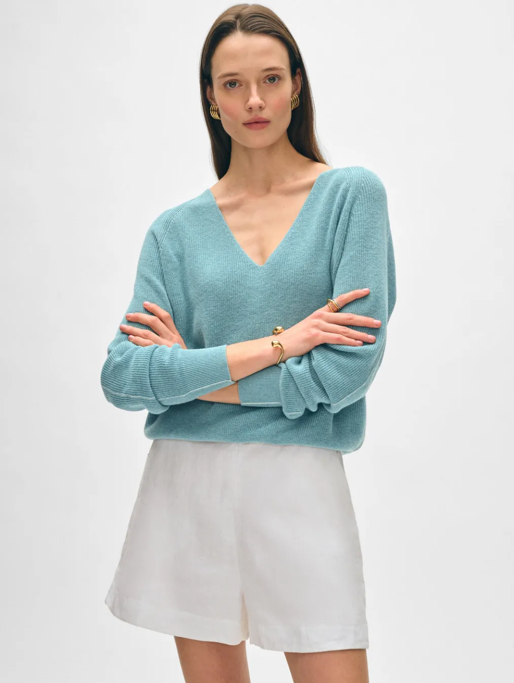 cotton linen tipped v neck